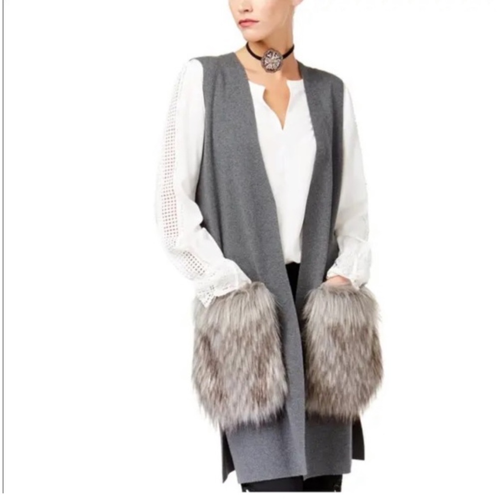 Kobi Halperin Gray Sleeveless Vest with Faux Fur Pockets